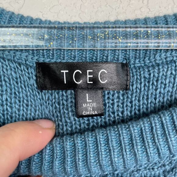 TCEC Dusty Blue Off the Shoulder Ruffle Sweater L - Picture 3 of 8